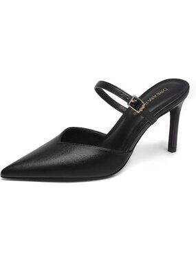 Women's Black Faux Leather Mules Ankle Strap Pointed Pumps Sexy Fashion Heels